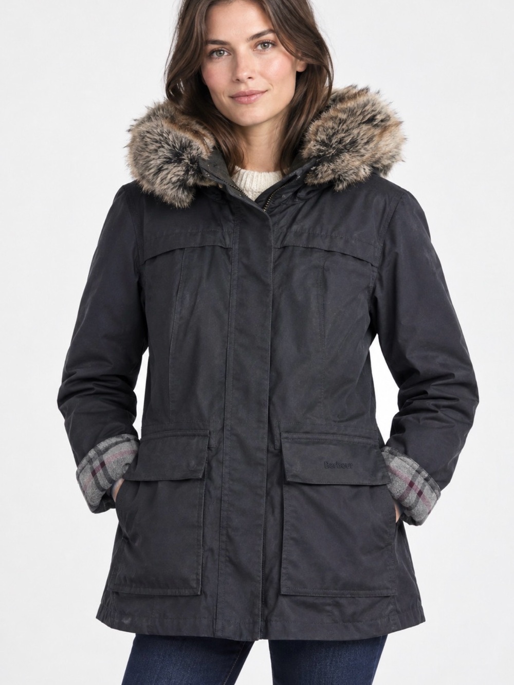 Barbour like New Ellen wax jacket  with Faux-Fur Trim size 8
